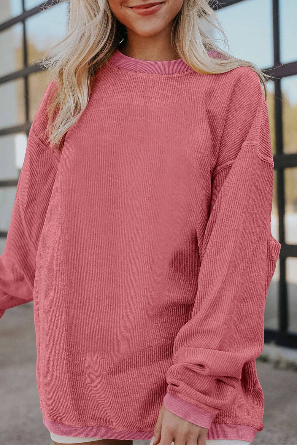 Long Sleeve Ribbed Corded Oversized Sweatshirt