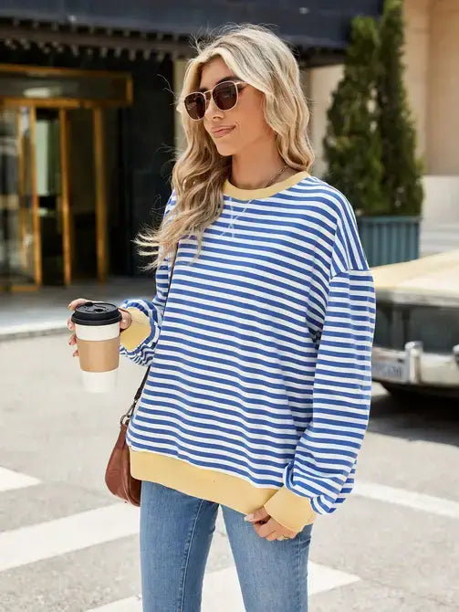 Relaxed Striped Crew Neck Sweater with Color Contrast
