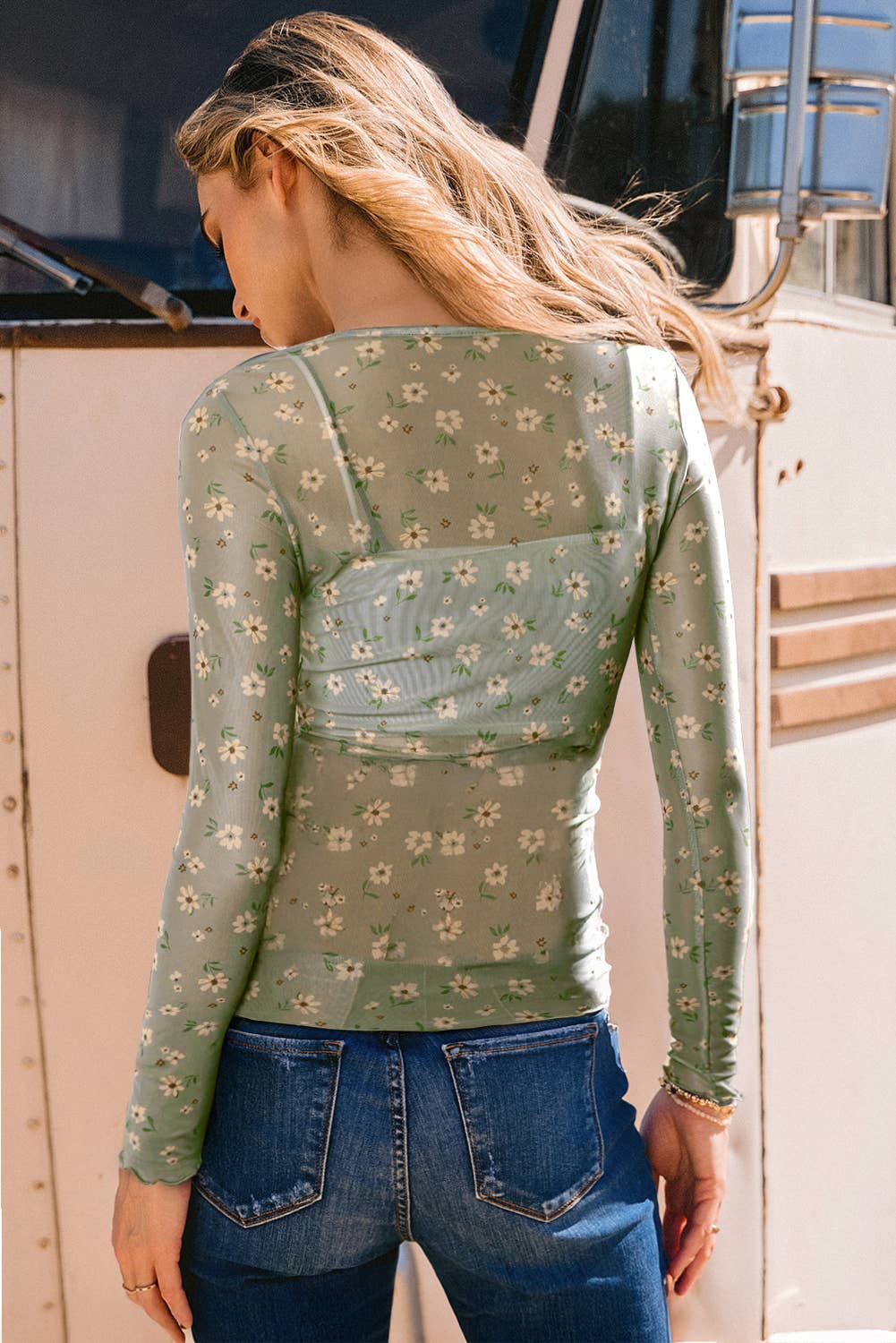 Vintage Floral Print Southern Mesh Long Sleeve Top