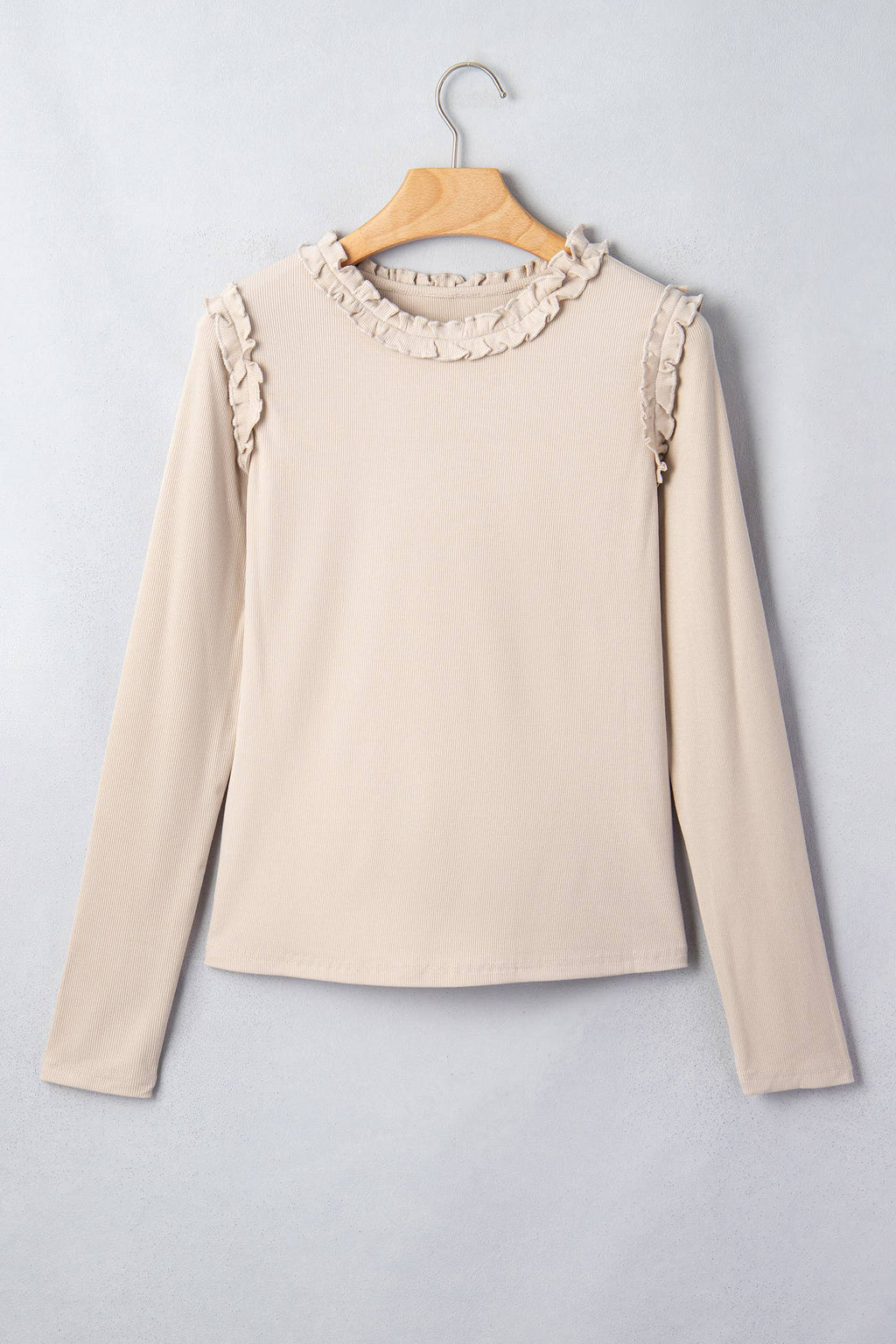 Solid Ribbed Knit Round Neck Long Sleeve Top