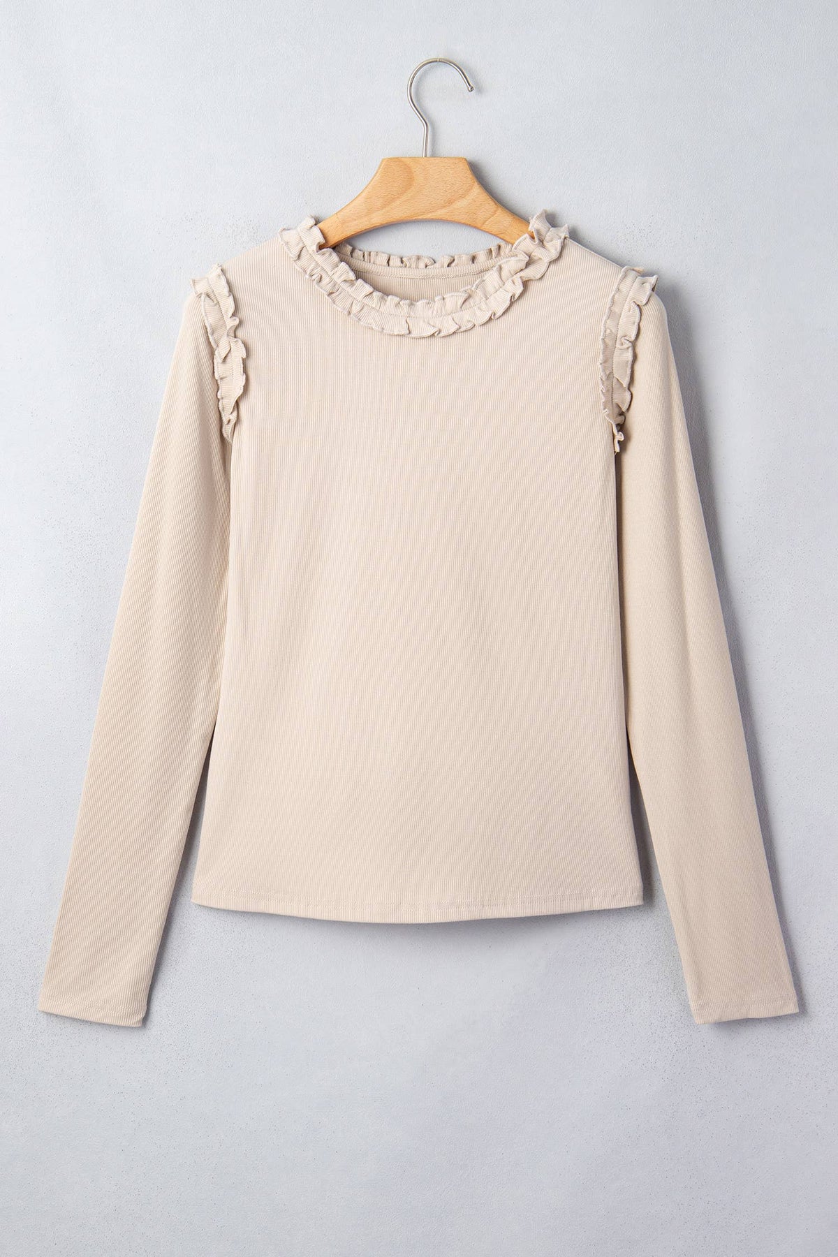 Solid Ribbed Knit Round Neck Long Sleeve Top