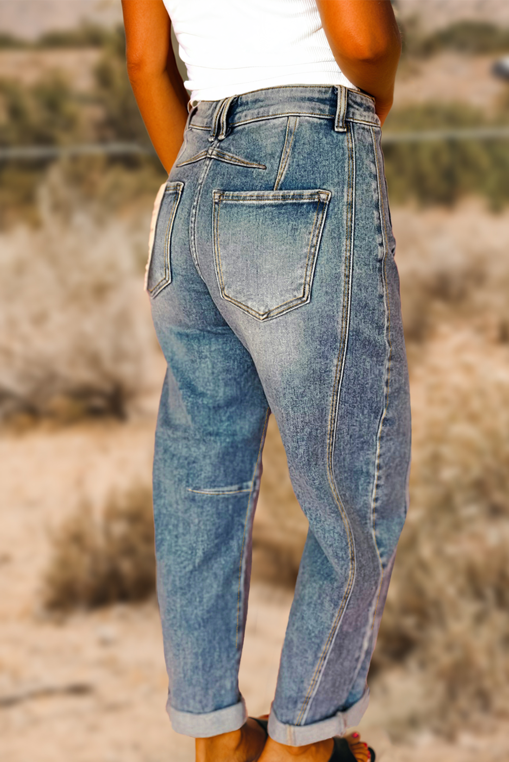 Women Vintage Washed Seam Detail Shift Jeans