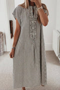 Black Stripe Frilled Detail Half Buttons Short Sleeve Long Dress