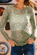 Vintage Floral Print Southern Mesh Long Sleeve Top