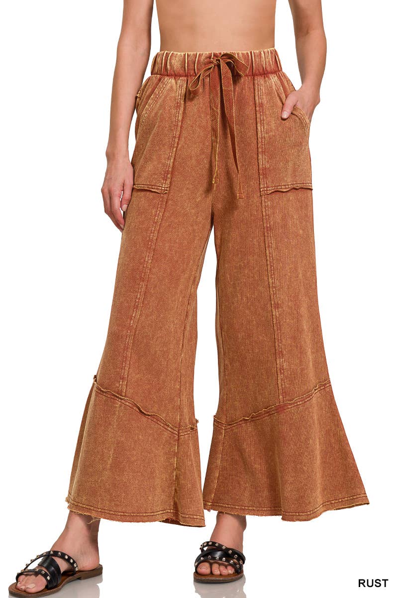 Acid Washed Flare hem Pants With Pockets Zenana