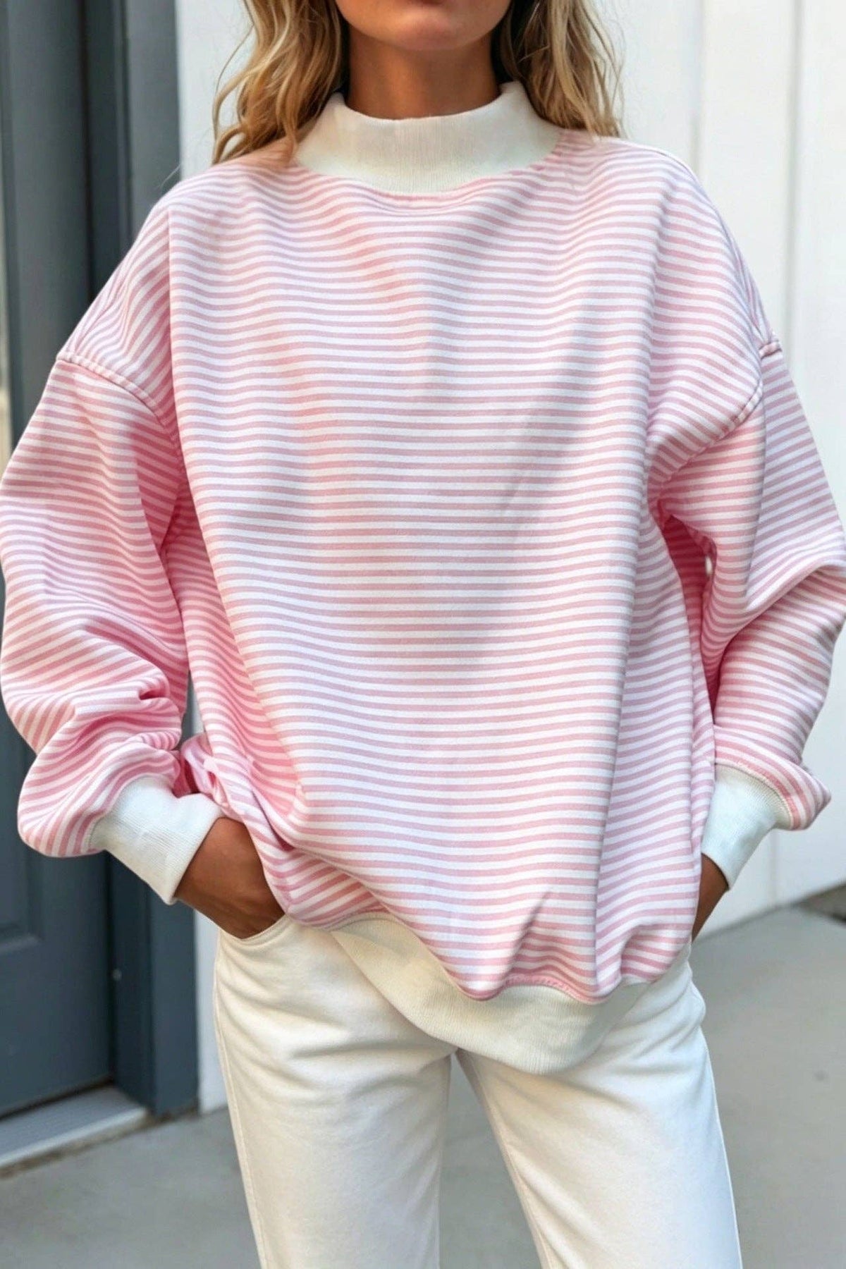 Striped Cotton Sweatshirt Oversized Long Sleeve Top