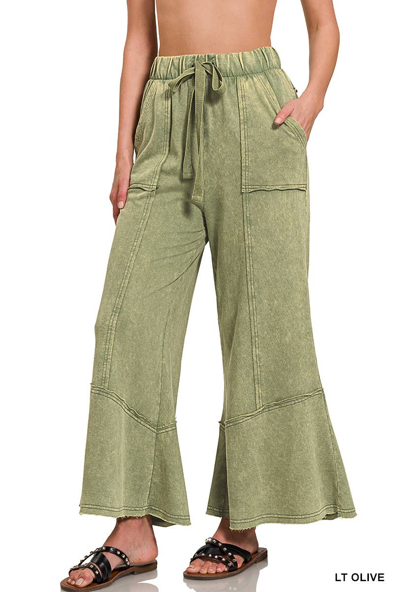 Acid Washed Flare hem Pants With Pockets Zenana