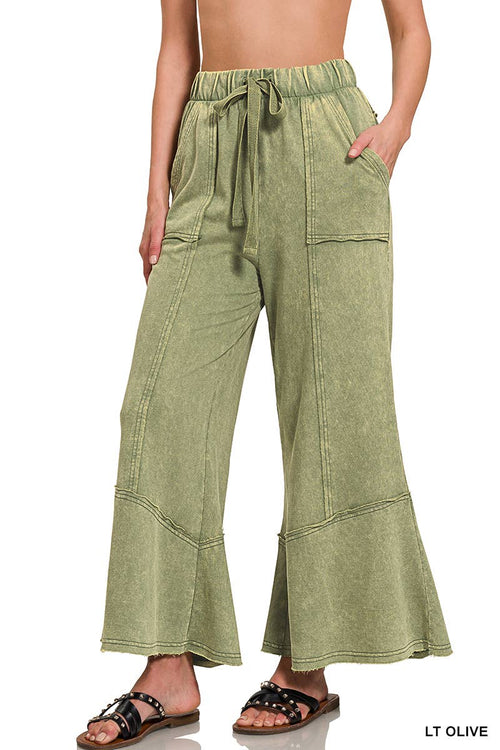 Acid Washed Flare hem Pants With Pockets Zenana