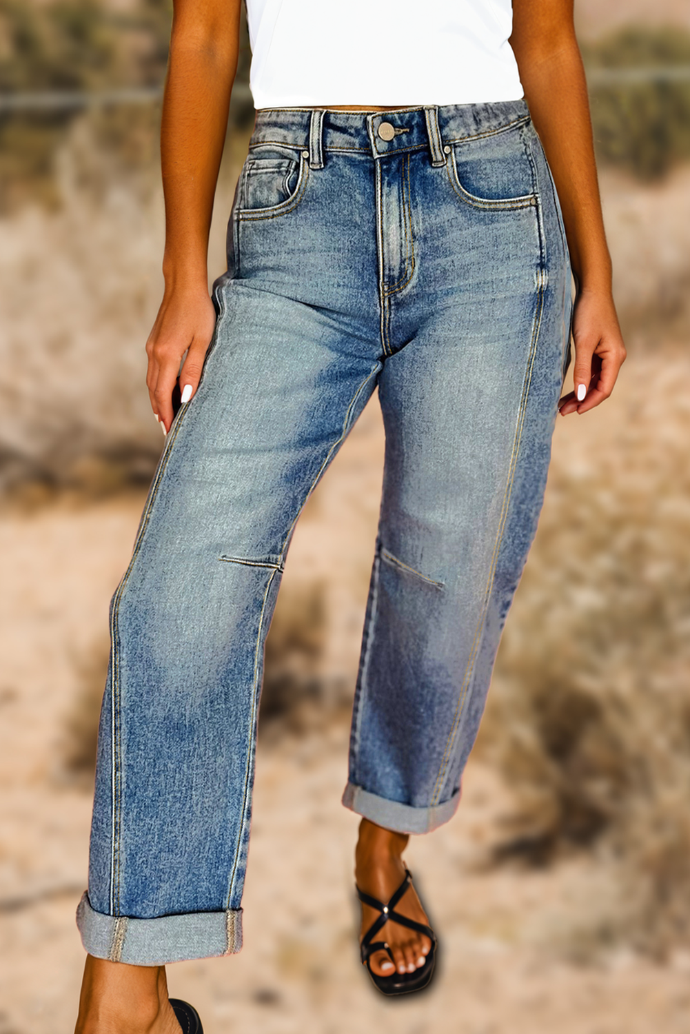Women Vintage Washed Seam Detail Shift Jeans