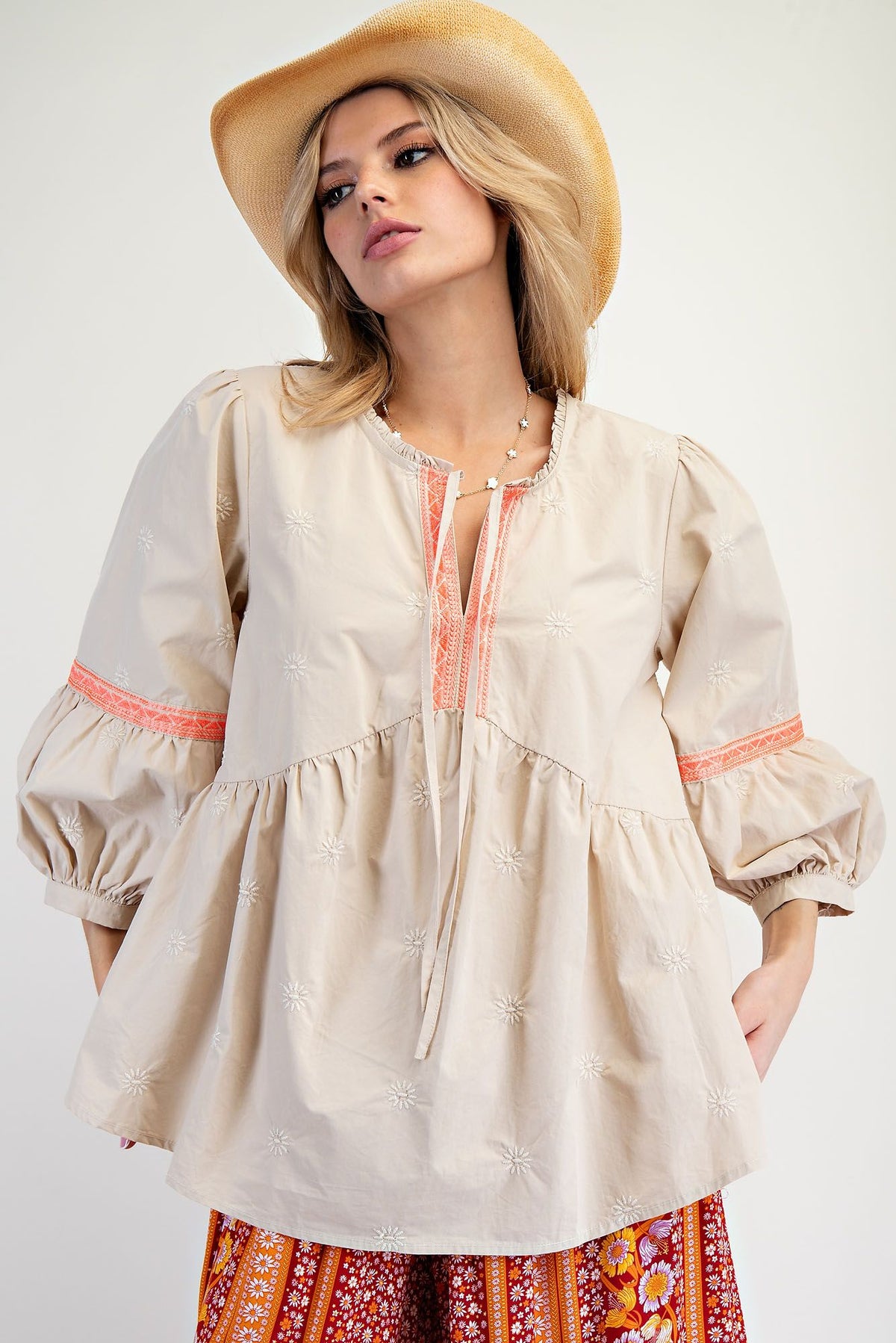 WASHED DENIM EMBROIDERED BABYDOLL TUNIC
