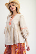 WASHED DENIM EMBROIDERED BABYDOLL TUNIC