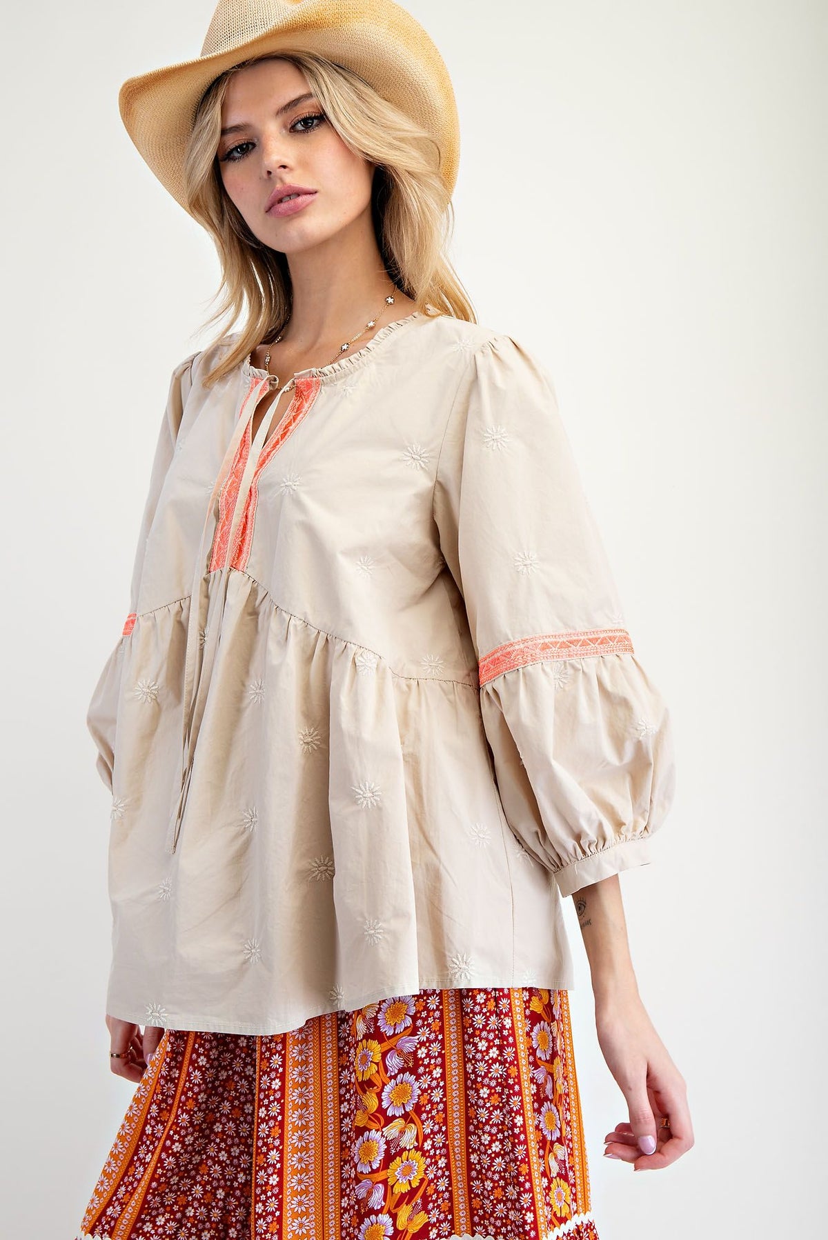 WASHED DENIM EMBROIDERED BABYDOLL TUNIC