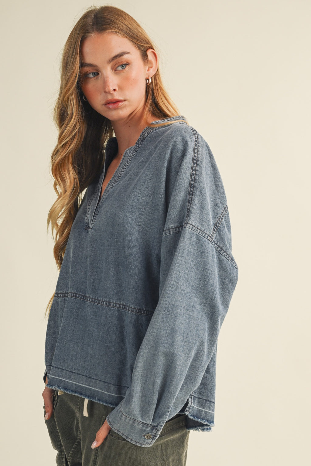 Split-neck Frayed Edge Denim Blouse - Mustard Seed
