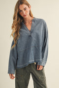 Split-neck Frayed Edge Denim Blouse - Mustard Seed