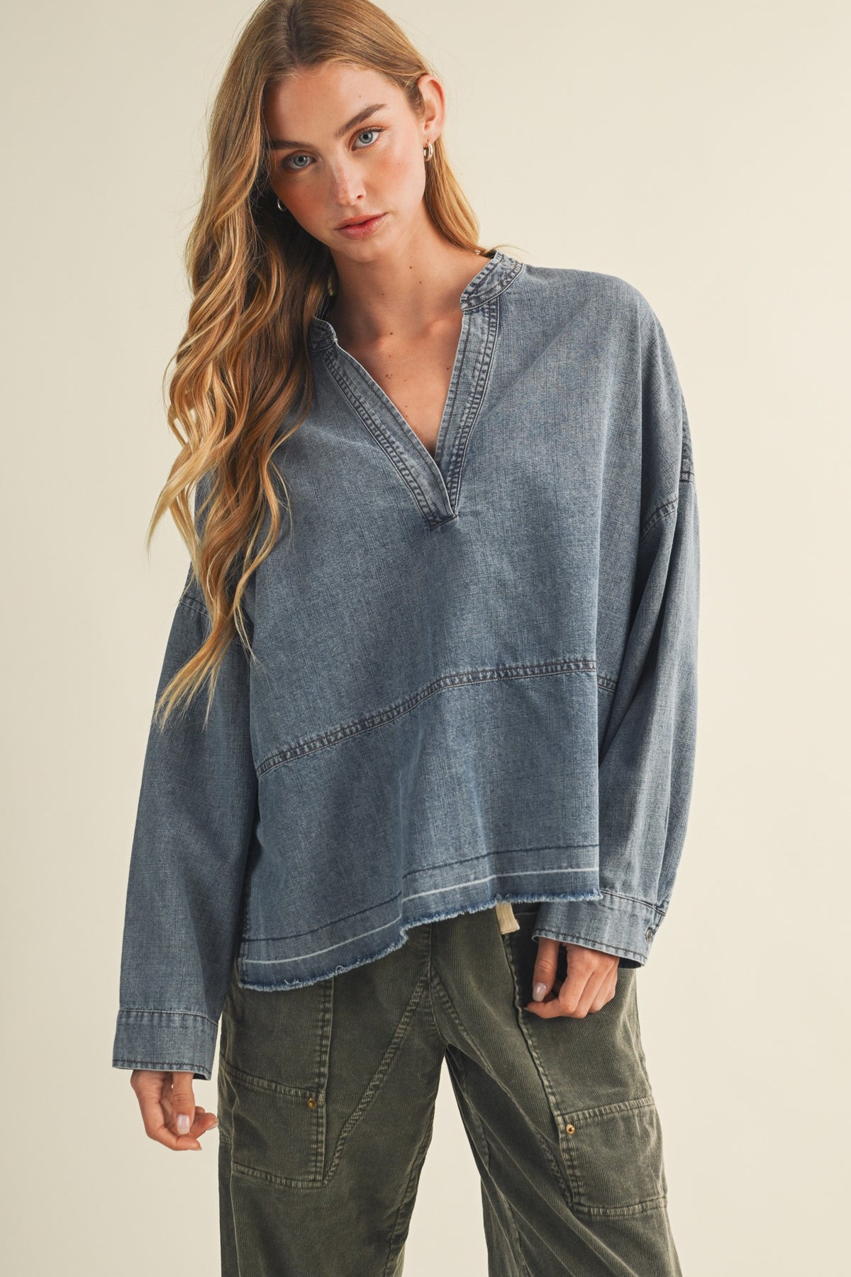 Split-neck Frayed Edge Denim Blouse - Mustard Seed