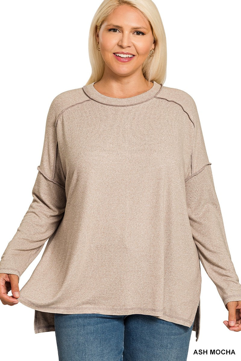 Zenana Plus Melange Hacci Exposed Seam Hi-Lo Tee