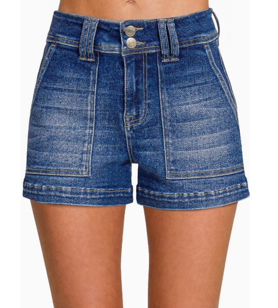 Zenana Washed Utility Pocket Denim Shorts / Dark