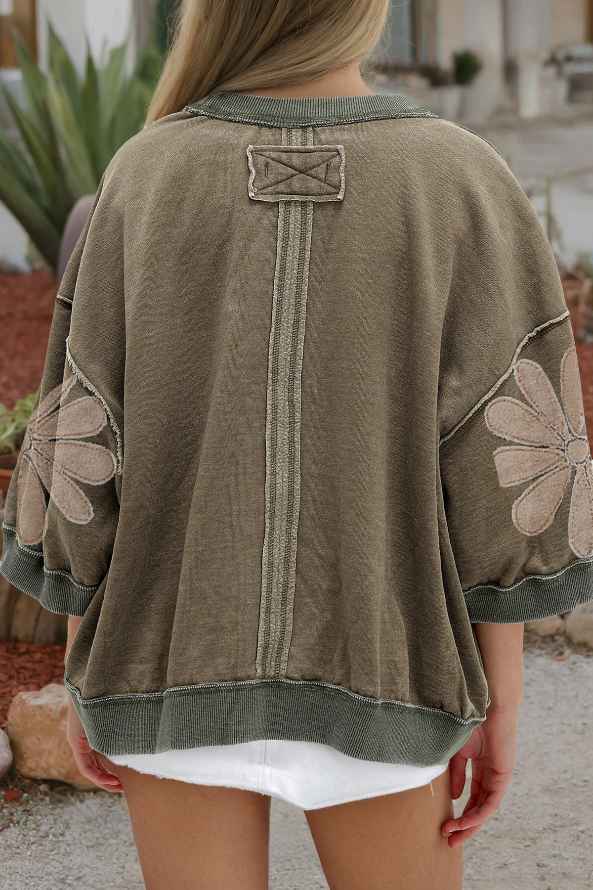Mineral Wash Raw Seam Patchwork 3/4 Sleeve Top