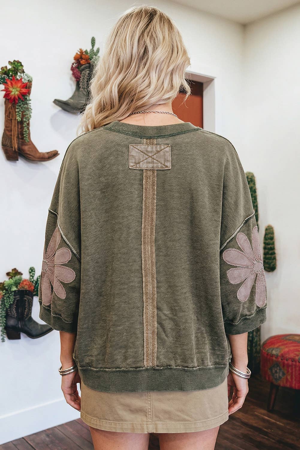 Mineral Wash Raw Seam Patchwork 3/4 Sleeve Top