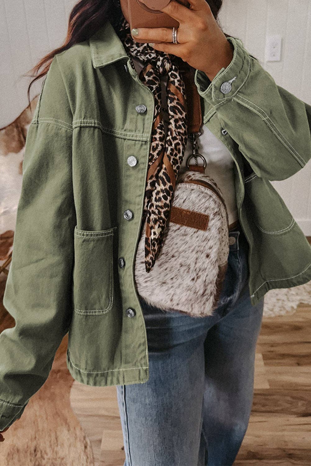 Smoke Green Patched Pocket Collared Button Front Boyfriend Denim Jacket