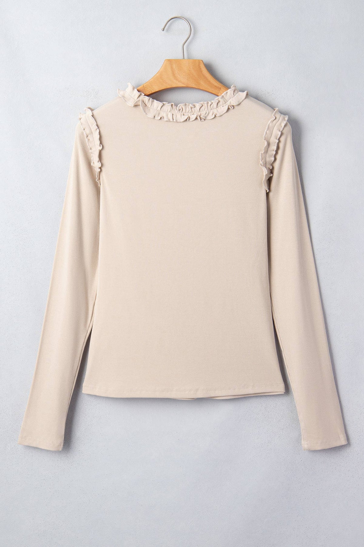 Solid Ribbed Knit Round Neck Long Sleeve Top