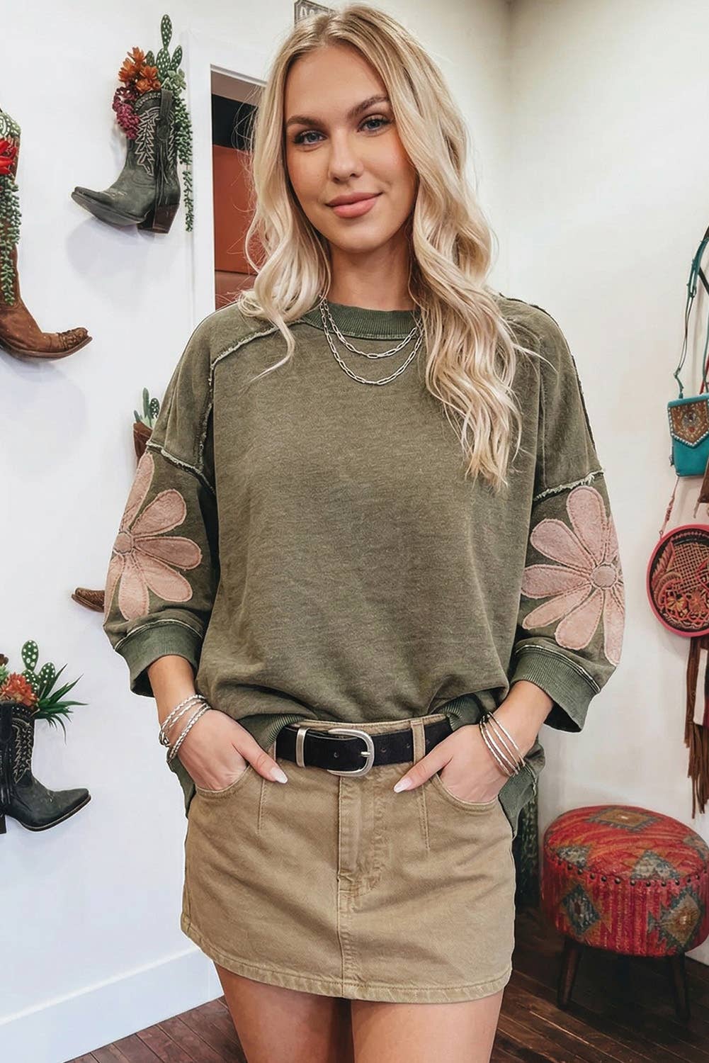Mineral Wash Raw Seam Patchwork 3/4 Sleeve Top