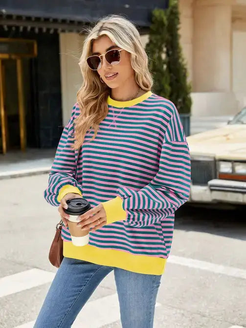 Relaxed Striped Crew Neck Sweater with Color Contrast