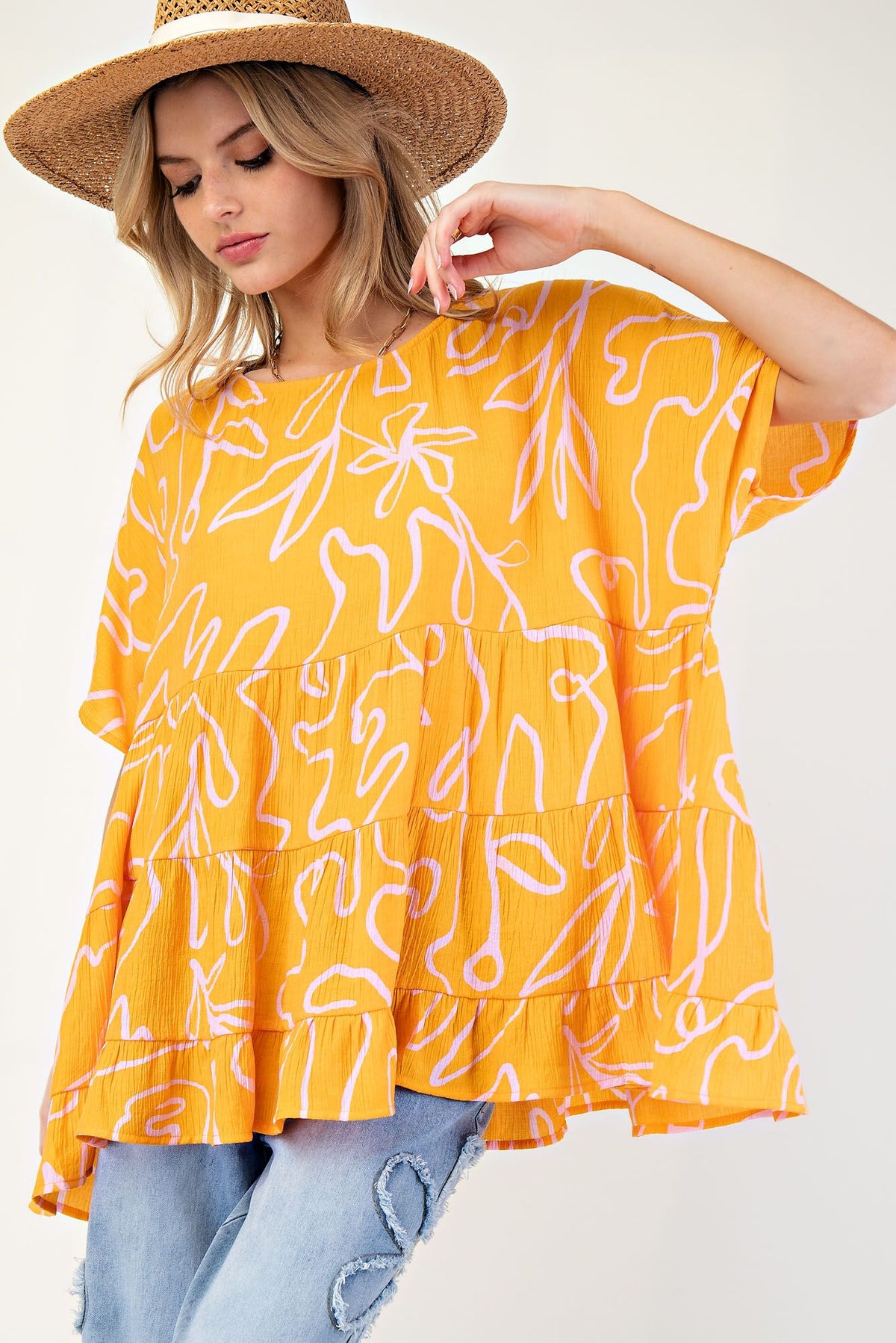 PRINTED PEACH BLOSSOM BABYDOLL TUNIC