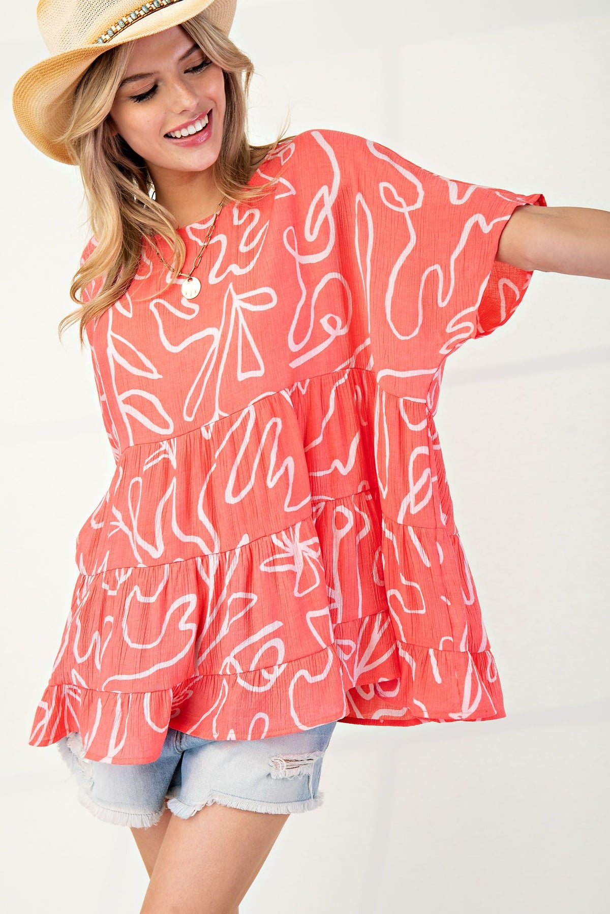 PRINTED PEACH BLOSSOM BABYDOLL TUNIC