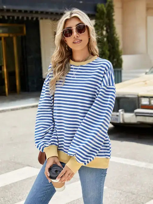 Relaxed Striped Crew Neck Sweater with Color Contrast