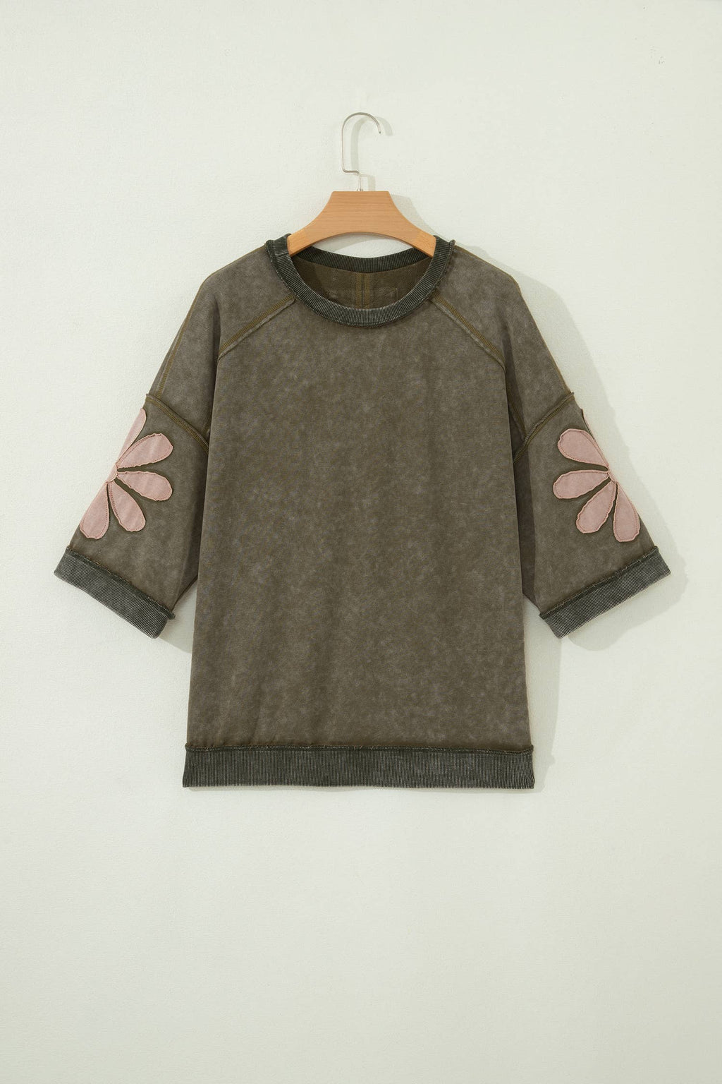 Mineral Wash Raw Seam Patchwork 3/4 Sleeve Top