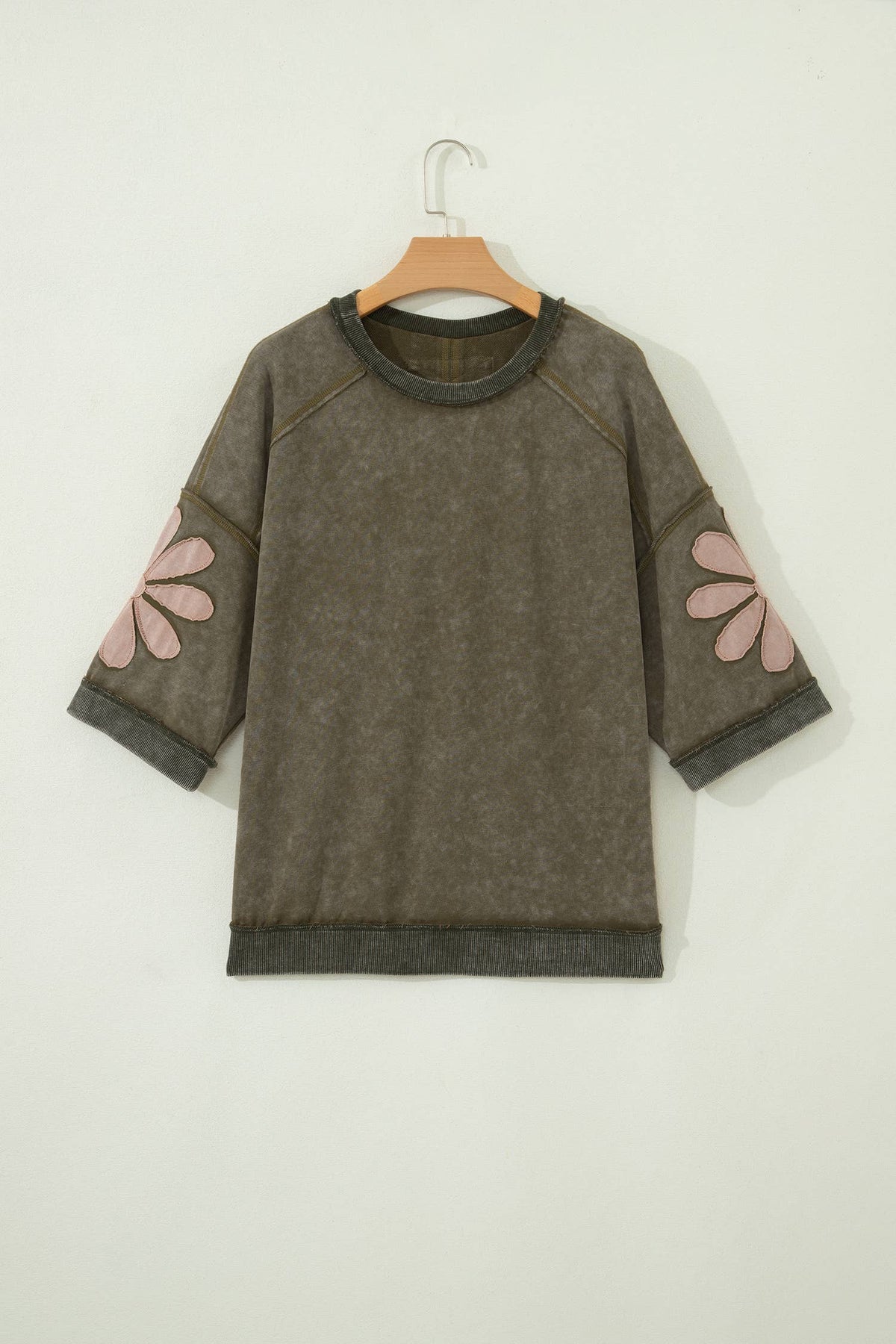 Mineral Wash Raw Seam Patchwork 3/4 Sleeve Top