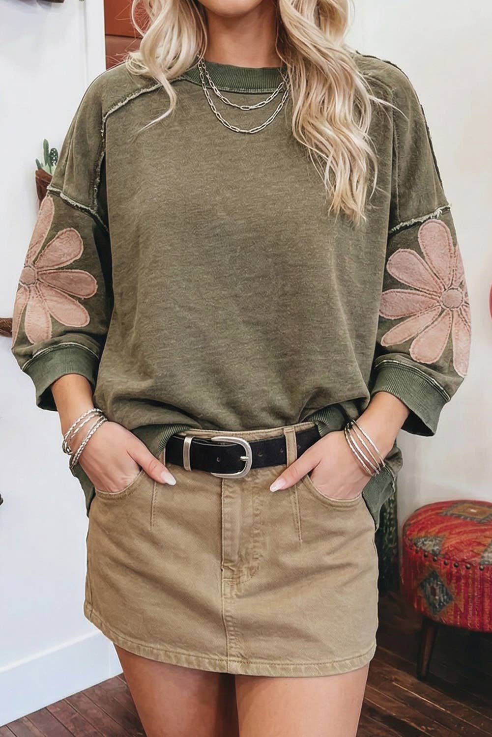 Mineral Wash Raw Seam Patchwork 3/4 Sleeve Top