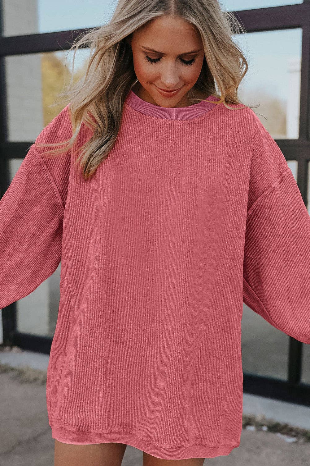 Long Sleeve Ribbed Corded Oversized Sweatshirt