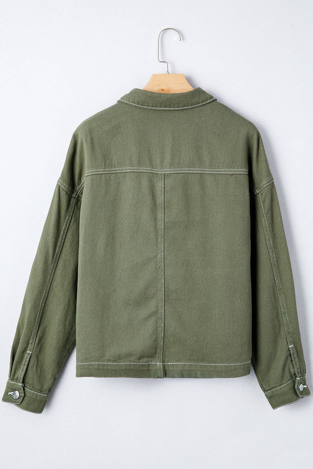 Smoke Green Patched Pocket Collared Button Front Boyfriend Denim Jacket