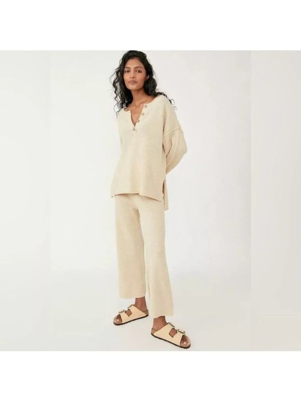 NEW Free People FP Beach Hailee Sweater Top & Pants Set Waffle Knit Size MSRP $128 SZ L NWOT