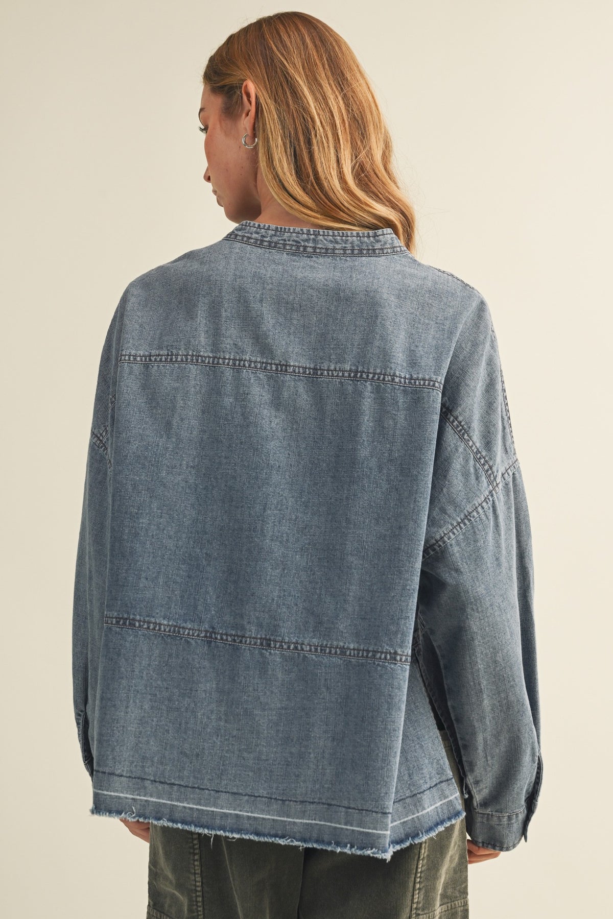 Split-neck Frayed Edge Denim Blouse - Mustard Seed