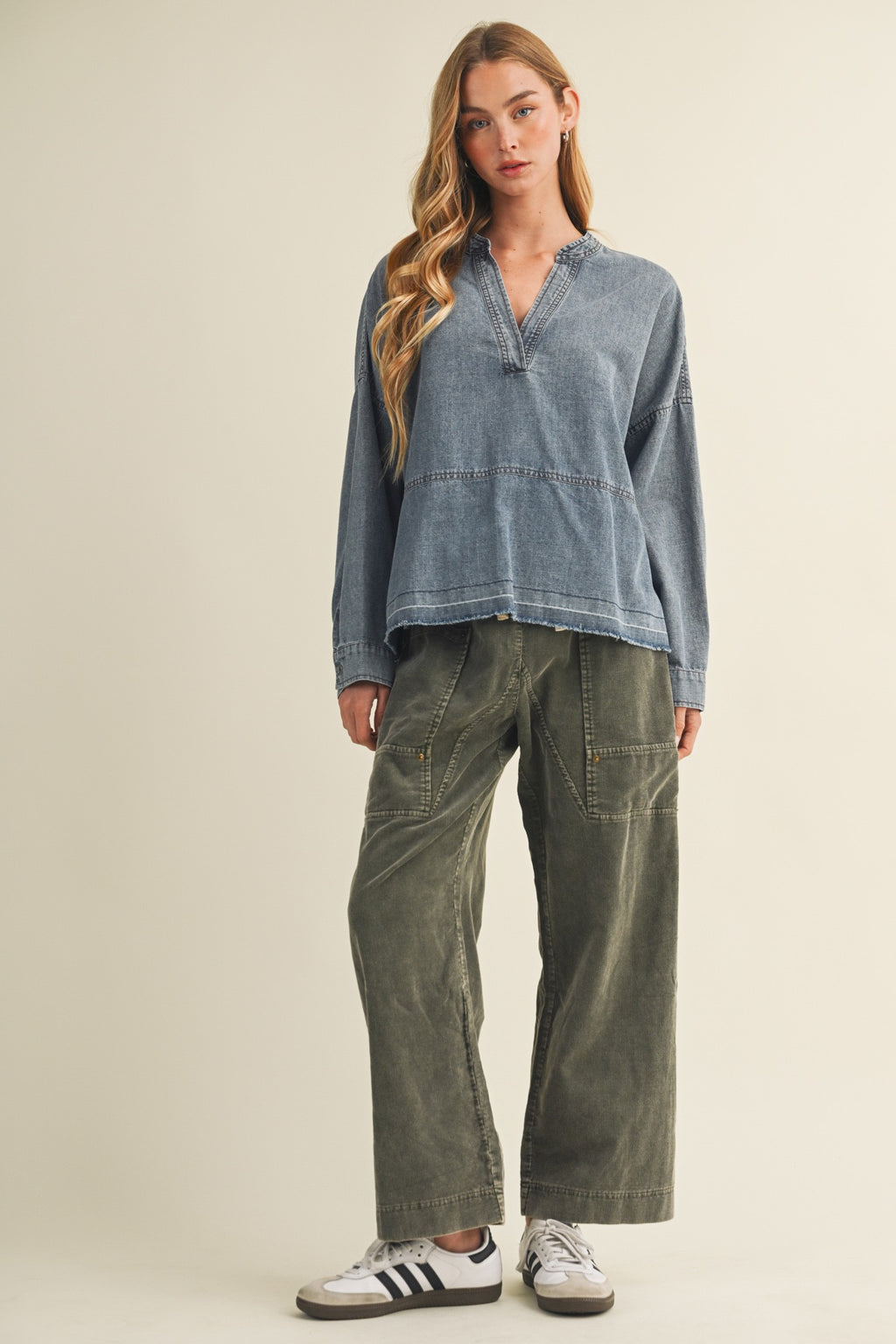 Split-neck Frayed Edge Denim Blouse - Mustard Seed