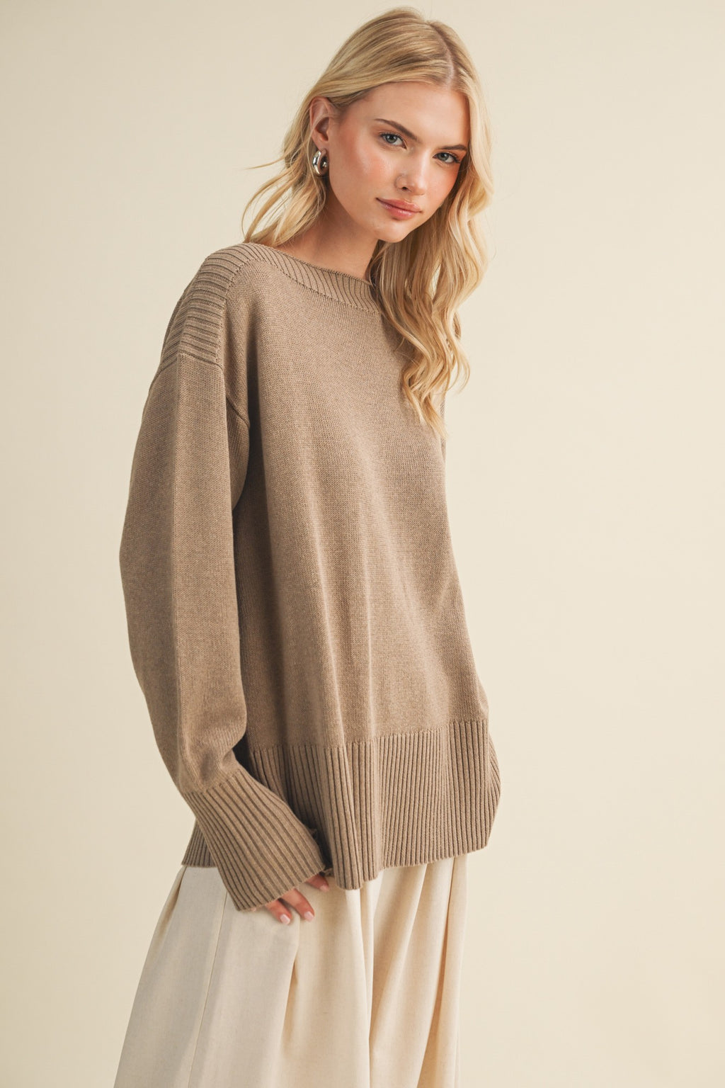 Wide Boat Neck Dropped Shoulder Pullover - Mustard Seed