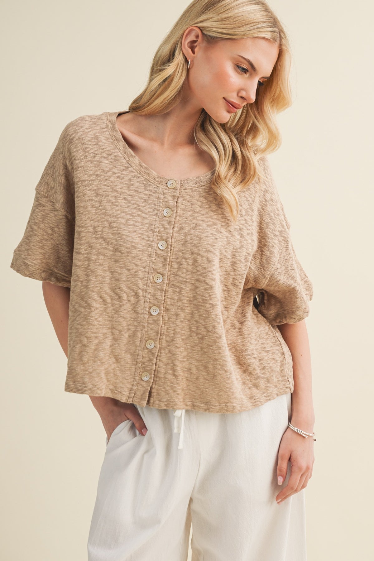 Mustard Seed Slub Knit Boxy Button Front Blouse