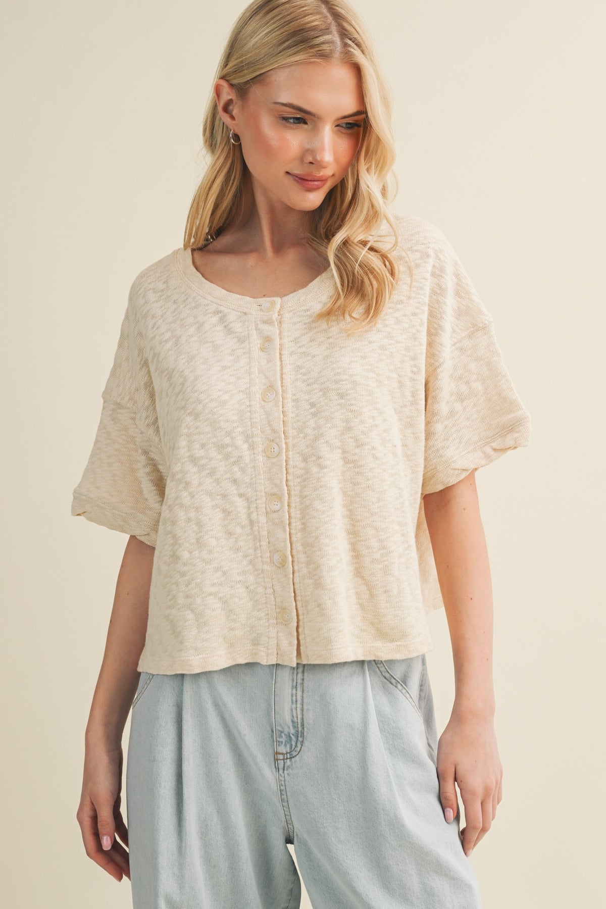 Mustard Seed Slub Knit Boxy Button Front Blouse