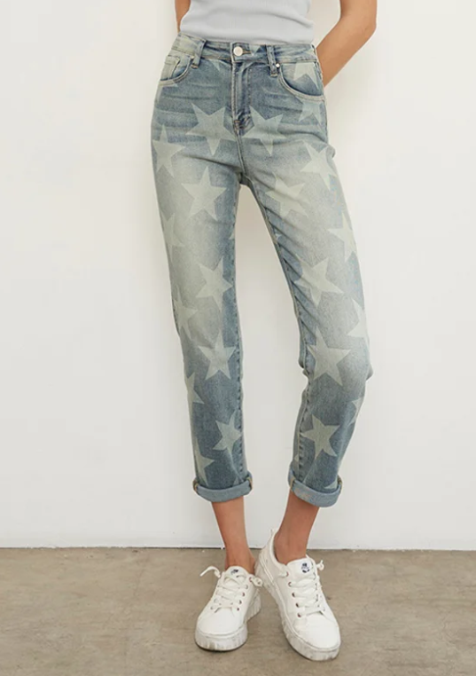 Insane Gene High Rise Printed Girlfriend Jeans / Stars / Light Size 11/29