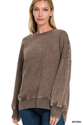 Zenana Acid Wash Fleece Hi-low Hem Pullover w/pockets