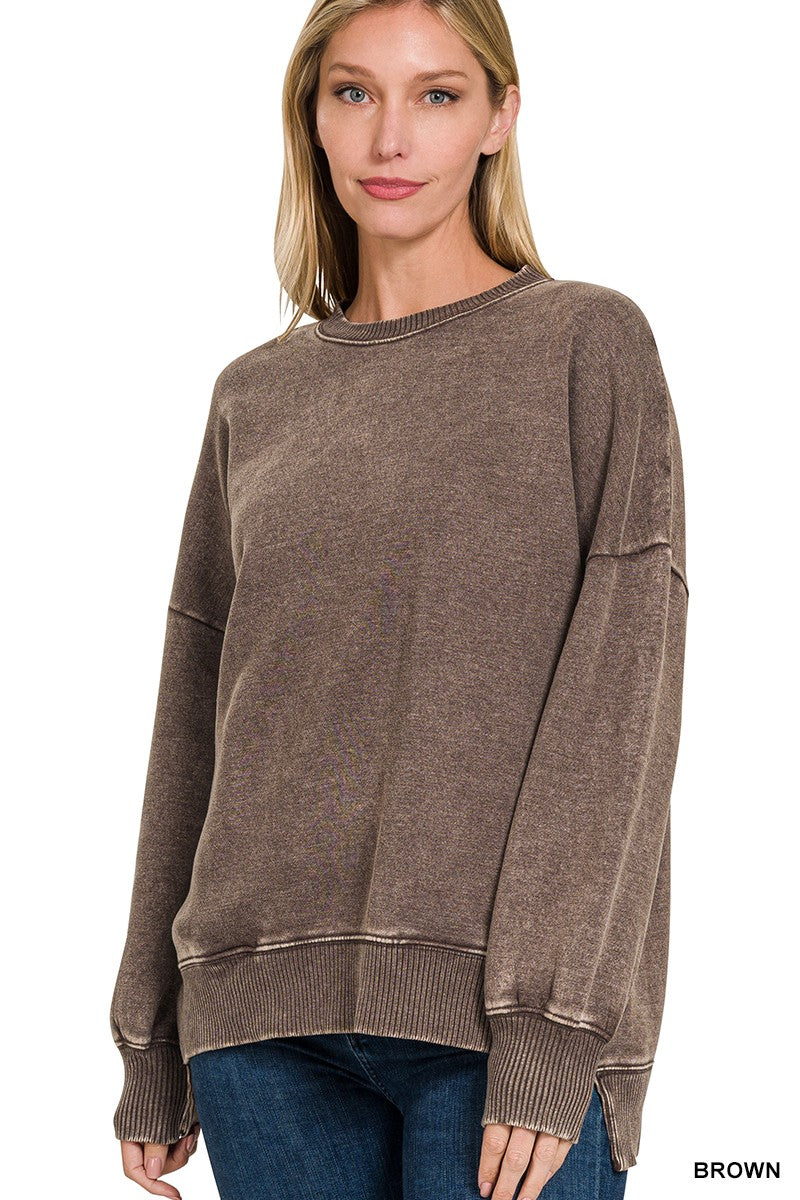 Zenana Acid Wash Fleece Hi-low Hem Pullover w/pockets