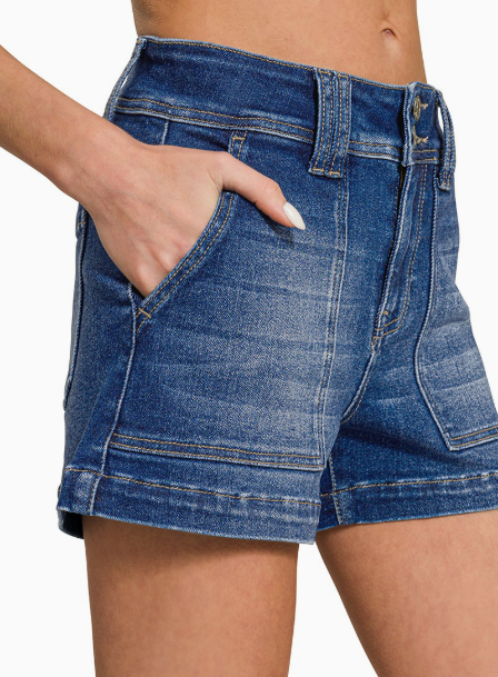 Zenana Washed Utility Pocket Denim Shorts / Dark