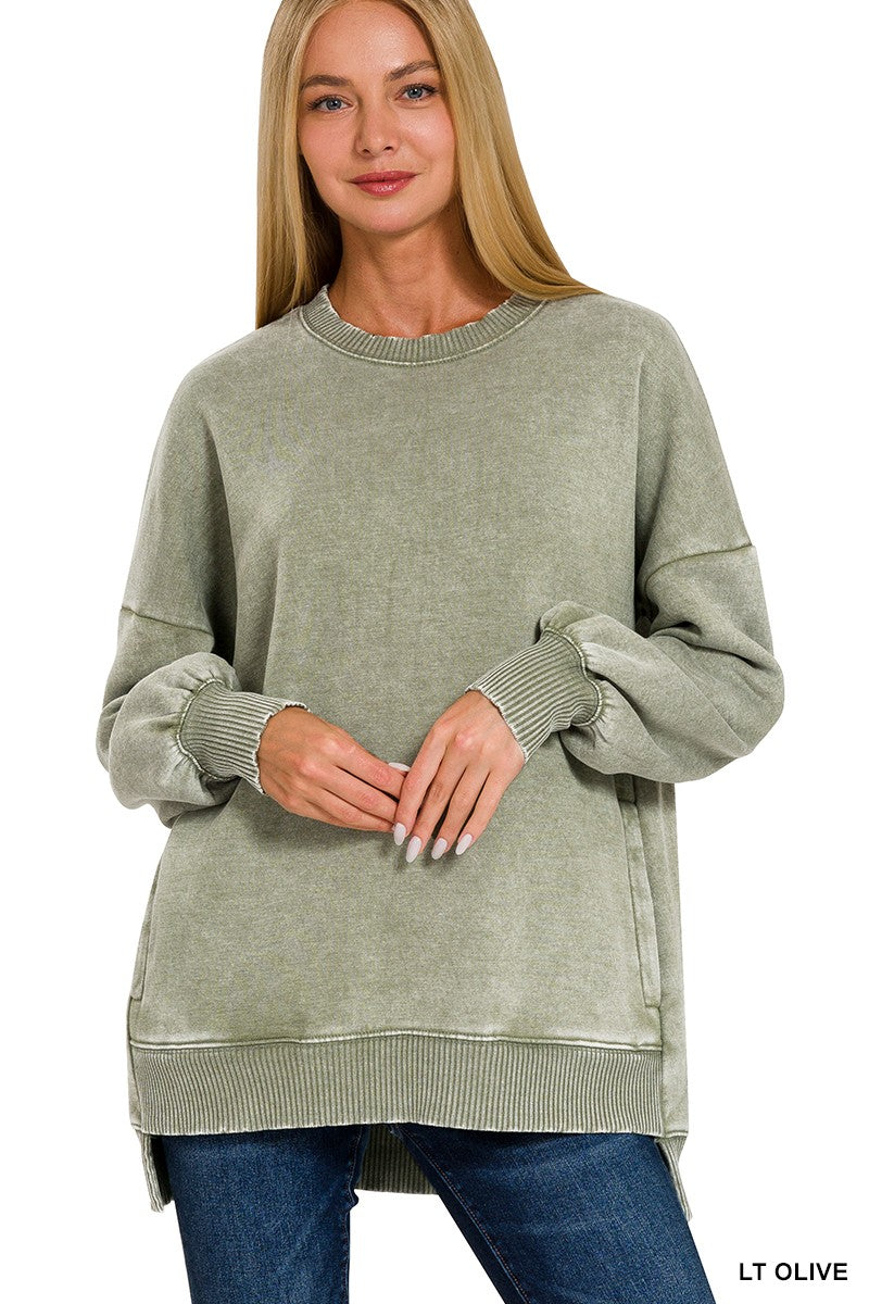 Zenana Acid Wash Fleece Hi-low Hem Pullover w/pockets