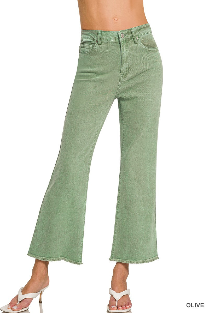 Zenana Acid Washed High Waist Frayed Hem Bootcut Pants
