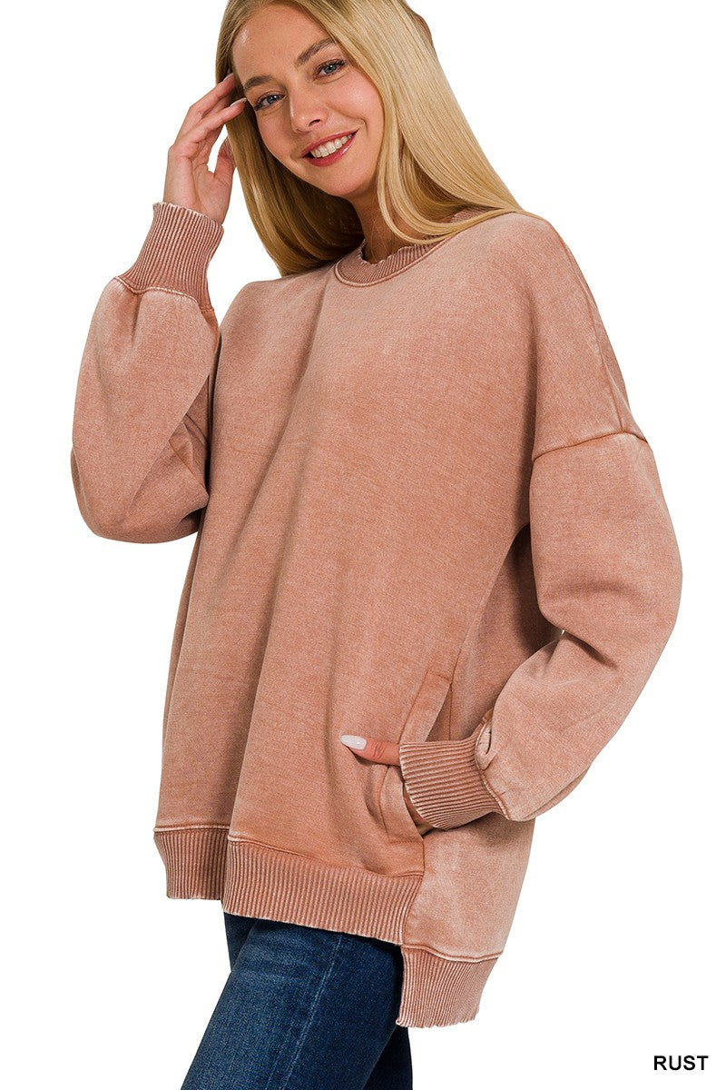 Zenana Acid Wash Fleece Hi-low Hem Pullover w/pockets