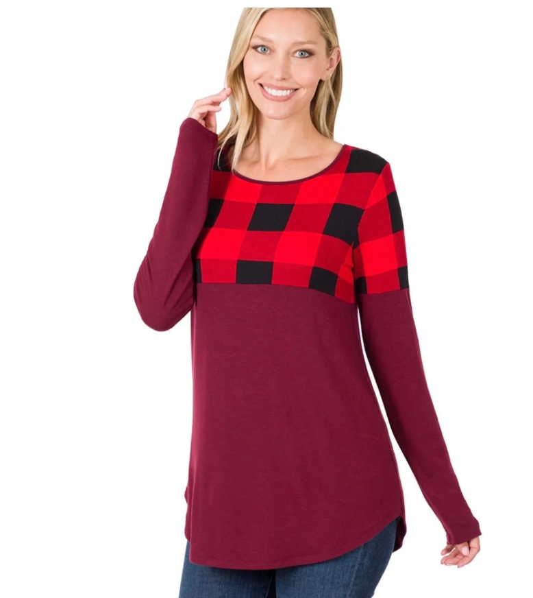 Zenana Color Block Long Sleeve - Dk Burgandy / Red Plaid